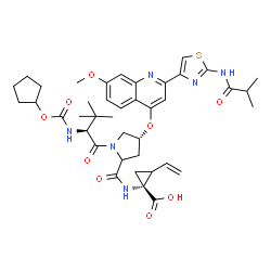 ChemSpider 2D Image | N-[(Cyclopentyloxy)carbonyl]-3-methyl-L-valyl-(4R)-N-[(1R)-1-carboxy-2-vinylcyclopropyl]-4-({2-[2-(isobutyrylamino)-1,3-thiazol-4-yl]-7-methoxy-4-quinolinyl}oxy)prolinamide | C40H50N6O9S