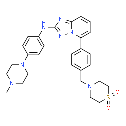 ChemSpider 2D Image | 5-{4-[(1,1-Dioxido-4-thiomorpholinyl)methyl]phenyl}-N-[4-(4-methyl-1-piperazinyl)phenyl][1,2,4]triazolo[1,5-a]pyridin-2-amine | C28H33N7O2S