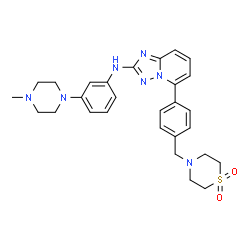 ChemSpider 2D Image | 5-{4-[(1,1-Dioxido-4-thiomorpholinyl)methyl]phenyl}-N-[3-(4-methyl-1-piperazinyl)phenyl][1,2,4]triazolo[1,5-a]pyridin-2-amine | C28H33N7O2S