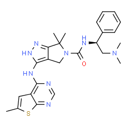ChemSpider 2D Image | N-[(1S)-2-(Dimethylamino)-1-phenylethyl]-6,6-dimethyl-3-[(6-methylthieno[2,3-d]pyrimidin-4-yl)amino]-2,6-dihydropyrrolo[3,4-c]pyrazole-5(4H)-carboxamide | C25H30N8OS