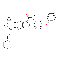 ChemSpider 2D Image | 5-Cyclopropyl-2-[4-(4-fluorophenoxy)phenyl]-N-methyl-6-{(methylsulfonyl)[2-(4-morpholinyl)ethyl]amino}-2H-indazole-3-carboxamide | C31H34FN5O5S