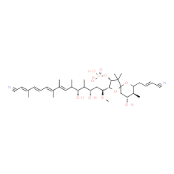 ChemSpider 2D Image | (2R,3R,8S,9R)-2-[(1S,3S,5R,7E,9E,11E,13E)-14-Cyano-3,5-dihydroxy-1-methoxy-4,6,8,9,13-pentamethyl-7,9,11,13-tetradecatetraen-1-yl]-7-[(2E)-3-cyano-2-propen-1-yl]-9-hydroxy-4,4,8-trimethyl-1,6-dioxaspi
ro[4.5]dec-3-yl dihydrogen phosphate | C36H55N2O10P
