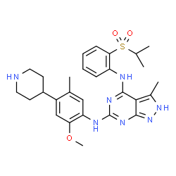 ChemSpider 2D Image | N~4~-[2-(Isopropylsulfonyl)phenyl]-N~6~-[2-methoxy-5-methyl-4-(4-piperidinyl)phenyl]-3-methyl-2H-pyrazolo[3,4-d]pyrimidine-4,6-diamine | C28H35N7O3S