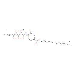 ChemSpider 2D Image | 12-Methyltridecyl 7-oxo-6-{[(2R,3R,4S,5R,6E)-3,4,5-trihydroxy-2-methoxy-8-methyl-6-nonenoyl]amino}-3-azepanecarboxylate | C32H58N2O8