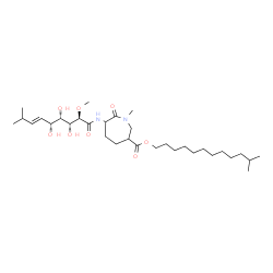 ChemSpider 2D Image | 11-Methyldodecyl 1-methyl-7-oxo-6-{[(2R,3R,4S,5R,6E)-3,4,5-trihydroxy-2-methoxy-8-methyl-6-nonenoyl]amino}-3-azepanecarboxylate | C32H58N2O8