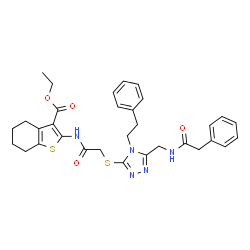 ChemSpider 2D Image | Ethyl 2-[({[5-{[(phenylacetyl)amino]methyl}-4-(2-phenylethyl)-4H-1,2,4-triazol-3-yl]sulfanyl}acetyl)amino]-4,5,6,7-tetrahydro-1-benzothiophene-3-carboxylate | C32H35N5O4S2