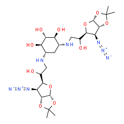 ChemSpider 2D Image | (1R,3S,4R,6S)-4,6-Bis({(2R)-2-[(3aR,5S,6S,6aR)-6-azido-2,2-dimethyltetrahydrofuro[2,3-d][1,3]dioxol-5-yl]-2-hydroxyethyl}amino)-1,2,3-cyclohexanetriol (non-preferred name) | C24H40N8O11