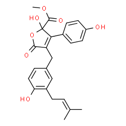 ChemSpider 2D Image | Methyl 2-hydroxy-4-[4-hydroxy-3-(3-methyl-2-buten-1-yl)benzyl]-3-(4-hydroxyphenyl)-5-oxo-2,5-dihydro-2-furancarboxylate | C24H24O7