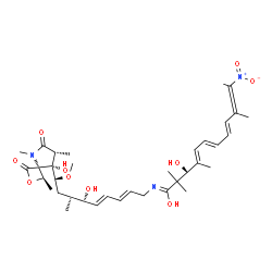 ChemSpider 2D Image | (1Z,3R,4E,6E,8E,10E)-3-Hydroxy-N-{(2E,4E,6R,7R,9S)-6-hydroxy-9-[(1R,4S,7R,8S)-8-hydroxy-1,5,7-trimethyl-3,6-dioxo-2-oxa-5-azaspiro[3.4]oct-8-yl]-9-methoxy-7-methyl-2,4-nonadien-1-yl}-2,2,4,10-tetramet
hyl-11-nitro-4,6,8,10-dodecatetraenimidic acid | C36H53N3O10