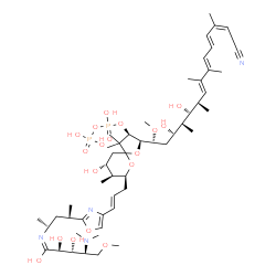 ChemSpider 2D Image | (1E,2S,3S,4S)-N-[(2R,4S)-4-(4-{(1E)-3-[(2R,3R,7S,8S,9R)-2-[(1S,3S,4S,5R,6R,7E,9E,11E,13Z)-14-Cyano-3,5-dihydroxy-1-methoxy-4,6,8,9,13-pentamethyl-7,9,11,13-tetradecatetraen-1-yl]-9-hydroxy-3-{[hydroxy
(phosphonooxy)phosphoryl]oxy}-4,4,8-trimethyl-1,6-dioxaspiro[4.5]dec-7-yl]-1-propen-1-yl}-1,3-oxazol-2-yl)-2-pentanyl]-4-(dimethylamino)-2,3-dihydroxy-5-methoxypentanimidic acid (non-preferred name) | C51H84N4O18P2