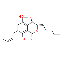 ChemSpider 2D Image | (3R,4R)-5,8-Dihydroxy-4-methoxy-7-(3-methyl-2-buten-1-yl)-3-pentyl-3,4-dihydro-1H-isochromen-1-one | C20H28O5