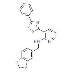 ChemSpider 2D Image | N-(1,3-Benzodioxol-5-ylmethyl)-5-(3-phenyl-1,2,4-oxadiazol-5-yl)-4-pyrimidinamine | C20H15N5O3