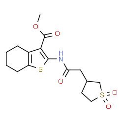 ChemSpider 2D Image | Methyl 2-{[(1,1-dioxidotetrahydro-3-thiophenyl)acetyl]amino}-4,5,6,7-tetrahydro-1-benzothiophene-3-carboxylate | C16H21NO5S2