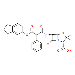 ChemSpider 2D Image | (2S,5R)-6-{[(2S)-3-(2,3-Dihydro-1H-inden-5-yloxy)-3-oxo-2-phenylpropanoyl]amino}-3,3-dimethyl-7-oxo-4-thia-1-azabicyclo[3.2.0]heptane-2-carboxylic acid | C26H26N2O6S