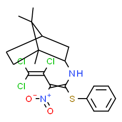 ChemSpider 2D Image | 1,7,7-Trimethyl-N-[3,4,4-trichloro-2-nitro-1-(phenylsulfanyl)-1,3-butadien-1-yl]bicyclo[2.2.1]heptan-2-amine | C20H23Cl3N2O2S