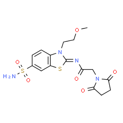 ChemSpider 2D Image | 2-(2,5-Dioxo-1-pyrrolidinyl)-N-[(2Z)-3-(2-methoxyethyl)-6-sulfamoyl-1,3-benzothiazol-2(3H)-ylidene]acetamide | C16H18N4O6S2
