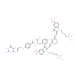 ChemSpider 2D Image | 2-{(E)-2-[(3E)-2-(4-{(2S)-2-[(4-{[(2-Amino-4-oxo-3,4-dihydro-6-pteridinyl)methyl]amino}benzoyl)amino]-2-carboxyethyl}phenoxy)-3-{(2E)-2-[3,3-dimethyl-5-sulfo-1-(4-sulfobutyl)-1,3-dihydro-2H-indol-2-yl
idene]ethylidene}-1-cyclohexen-1-yl]vinyl}-3,3-dimethyl-1-(4-sulfobutyl)-3H-indolium-5-sulfonate | C61H67N9O17S4