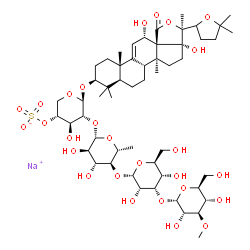 ChemSpider 2D Image | Sodium (3beta,12alpha)-12,17-dihydroxy-18-oxo-18,20:22,25-diepoxylanost-9(11)-en-3-yl 3-O-methyl-alpha-L-glucopyranosyl-(1->3)-alpha-L-allopyranosyl-(1->4)-6-deoxy-beta-D-glucopyranosyl-(1->2)-4-O-sul
fonato-beta-D-xylopyranoside | C54H85NaO27S
