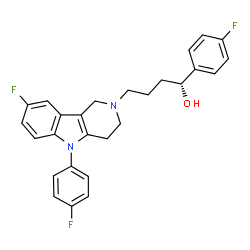 ChemSpider 2D Image | (1R)-4-[8-Fluoro-5-(4-fluorophenyl)-1,3,4,5-tetrahydro-2H-pyrido[4,3-b]indol-2-yl]-1-(4-fluorophenyl)-1-butanol | C27H25F3N2O