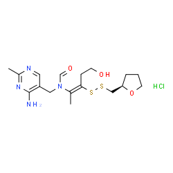 ChemSpider 2D Image | N-[(4-Amino-2-methyl-5-pyrimidinyl)methyl]-N-[(2E)-5-hydroxy-3-{[(2R)-tetrahydro-2-furanylmethyl]disulfanyl}-2-penten-2-yl]formamide hydrochloride (1:1) | C17H27ClN4O3S2