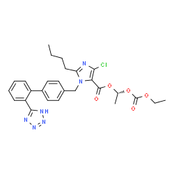 ChemSpider 2D Image | (1R)-1-[(Ethoxycarbonyl)oxy]ethyl 2-butyl-4-chloro-1-{[2'-(1H-tetrazol-5-yl)-4-biphenylyl]methyl}-1H-imidazole-5-carboxylate | C27H29ClN6O5