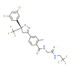 ChemSpider 2D Image | 4-[(5S)-5-(3,5-Dichlorophenyl)-5-(trifluoromethyl)-4,5-dihydro-1,2-oxazol-3-yl]-2-methyl-N-{2-oxo-2-[(2,2,2-trifluoroethyl)amino]ethyl}benzamide | C22H17Cl2F6N3O3