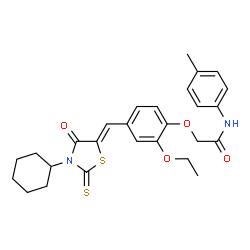 ChemSpider 2D Image | 2-{4-[(Z)-(3-Cyclohexyl-4-oxo-2-thioxo-1,3-thiazolidin-5-ylidene)methyl]-2-ethoxyphenoxy}-N-(4-methylphenyl)acetamide | C27H30N2O4S2