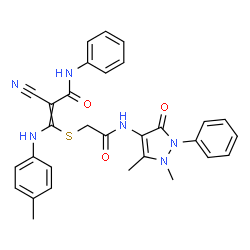 ChemSpider 2D Image | 2-Cyano-3-({2-[(1,5-dimethyl-3-oxo-2-phenyl-2,3-dihydro-1H-pyrazol-4-yl)amino]-2-oxoethyl}sulfanyl)-3-[(4-methylphenyl)amino]-N-phenylacrylamide | C30H28N6O3S