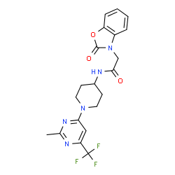 ChemSpider 2D Image | N-{1-[2-Methyl-6-(trifluoromethyl)-4-pyrimidinyl]-4-piperidinyl}-2-(2-oxo-1,3-benzoxazol-3(2H)-yl)acetamide | C20H20F3N5O3