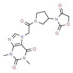 ChemSpider 2D Image | 7-{2-[3-(2,4-Dioxo-1,3-oxazolidin-3-yl)-1-pyrrolidinyl]-2-oxoethyl}-1,3-dimethyl-3,7-dihydro-1H-purine-2,6-dione | C16H18N6O6