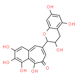 ChemSpider 2D Image | 2,3,4,5-Tetrahydroxy-8-(3,5,7-trihydroxy-3,4-dihydro-2H-chromen-2-yl)-6H-benzo[7]annulen-6-one | C20H16O9