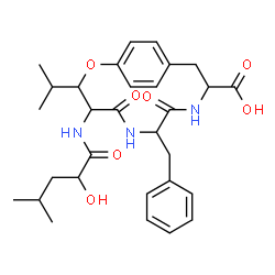 ChemSpider 2D Image | 7-Benzyl-4-[(2-hydroxy-4-methylpentanoyl)amino]-3-isopropyl-5,8-dioxo-2-oxa-6,9-diazabicyclo[10.2.2]hexadeca-1(14),12,15-triene-10-carboxylic acid | C30H39N3O7
