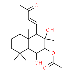 ChemSpider 2D Image | 1,3-Dihydroxy-3,4a,8,8-tetramethyl-4-[(1E)-3-oxo-1-buten-1-yl]decahydro-2-naphthalenyl acetate | C20H32O5