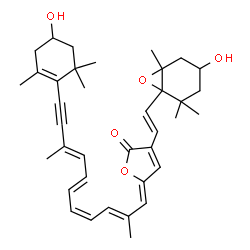 ChemSpider 2D Image | (5Z)-5-[(2E,4Z,6E,8E)-11-(4-Hydroxy-2,6,6-trimethyl-1-cyclohexen-1-yl)-2,9-dimethyl-2,4,6,8-undecatetraen-10-yn-1-ylidene]-3-[(E)-2-(4-hydroxy-2,2,6-trimethyl-7-oxabicyclo[4.1.0]hept-1-yl)vinyl]-2(5H)
-furanone | C37H46O5