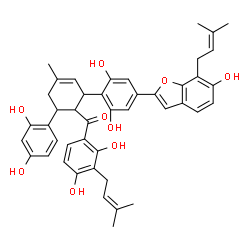 ChemSpider 2D Image | [2-{2,6-Dihydroxy-4-[6-hydroxy-7-(3-methyl-2-buten-1-yl)-1-benzofuran-2-yl]phenyl}-6-(2,4-dihydroxyphenyl)-4-methyl-3-cyclohexen-1-yl][2,4-dihydroxy-3-(3-methyl-2-buten-1-yl)phenyl]methanone | C44H44O9