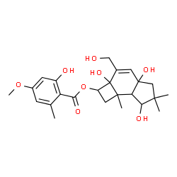 ChemSpider 2D Image | 2a,4a,7-Trihydroxy-3-(hydroxymethyl)-6,6,7b-trimethyl-2,2a,4a,5,6,7,7a,7b-octahydro-1H-cyclobuta[e]inden-2-yl 2-hydroxy-4-methoxy-6-methylbenzoate | C24H32O8