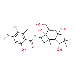 ChemSpider 2D Image | 2a,4a,7-Trihydroxy-3-(hydroxymethyl)-6,6,7b-trimethyl-2,2a,4a,5,6,7,7a,7b-octahydro-1H-cyclobuta[e]inden-2-yl 3-chloro-6-hydroxy-4-methoxy-2-methylbenzoate | C24H31ClO8