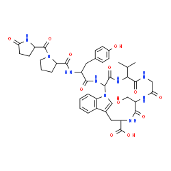 ChemSpider 2D Image | 5-Oxoprolylprolyl-N-[14-carboxy-11-(hydroxymethyl)-5-isopropyl-3,6,9,12-tetraoxo-1,4,7,10,13-pentaazatricyclo[14.6.1.0~17,22~]tricosa-16(23),17,19,21-tetraen-2-yl]tyrosinamide | C42H51N9O12