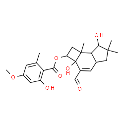 ChemSpider 2D Image | 3-Formyl-2a,7-dihydroxy-6,6,7b-trimethyl-2,2a,4a,5,6,7,7a,7b-octahydro-1H-cyclobuta[e]inden-2-yl 2-hydroxy-4-methoxy-6-methylbenzoate | C24H30O7