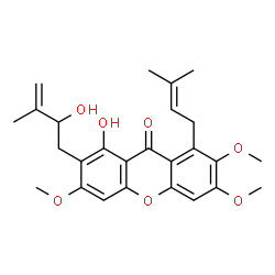 ChemSpider 2D Image | 1-Hydroxy-2-(2-hydroxy-3-methyl-3-buten-1-yl)-3,6,7-trimethoxy-8-(3-methyl-2-buten-1-yl)-9H-xanthen-9-one | C26H30O7