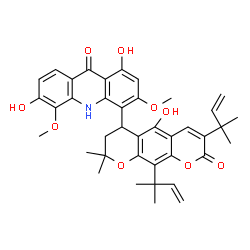 ChemSpider 2D Image | 1,6-Dihydroxy-4-[5-hydroxy-8,8-dimethyl-3,10-bis(2-methyl-3-buten-2-yl)-2-oxo-7,8-dihydro-2H,6H-pyrano[3,2-g]chromen-6-yl]-3,5-dimethoxy-9(10H)-acridinone | C39H41NO9