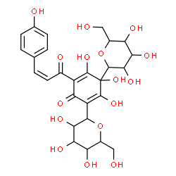 ChemSpider 2D Image | 3,4,5-Trihydroxy-2-[(2Z)-3-(4-hydroxyphenyl)-2-propenoyl]-4,6-bis[3,4,5-trihydroxy-6-(hydroxymethyl)tetrahydro-2H-pyran-2-yl]-2,5-cyclohexadien-1-one (non-preferred name) | C27H32O16