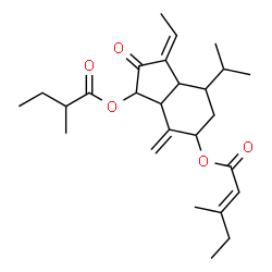 ChemSpider 2D Image | (1Z)-1-Ethylidene-7-isopropyl-3-[(2-methylbutanoyl)oxy]-4-methylene-2-oxooctahydro-1H-inden-5-yl (2E)-3-methyl-2-pentenoate | C26H38O5