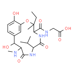 ChemSpider 2D Image | N-{[3-Ethyl-11,15-dihydroxy-7-isopropyl-3-methyl-10-(methylamino)-6,9-dioxo-2-oxa-5,8-diazabicyclo[10.3.1]hexadeca-1(16),12,14-trien-4-yl]carbonyl}glycine | C23H34N4O8