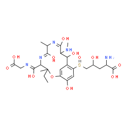 ChemSpider 2D Image | 5-{[(5Z,8E)-4-[(Z)-[(Carboxymethyl)imino](hydroxy)methyl]-3-ethyl-6,9,11,15-tetrahydroxy-3,7-dimethyl-10-(methylamino)-2-oxa-5,8-diazabicyclo[10.3.1]hexadeca-1(16),5,8,12,14-pentaen-13-yl]sulfinyl}-4-
hydroxynorvaline | C26H39N5O12S