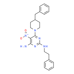 ChemSpider 2D Image | 6-(4-Benzyl-1-piperidinyl)-5-nitro-N~2~-(2-phenylethyl)-2,4-pyrimidinediamine | C24H28N6O2
