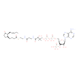 ChemSpider 2D Image | S-{(9R)-1-[(2R,3S,4R,5R)-5-(6-Amino-9H-purin-9-yl)-4-hydroxy-3-(phosphonooxy)tetrahydro-2-furanyl]-3,5,9-trihydroxy-8,8-dimethyl-3,5-dioxido-10,14-dioxo-2,4,6-trioxa-11,15-diaza-3lambda~5~,5lambda~5~-
diphosphaheptadecan-17-yl} 4-{(1R,2S)-3-oxo-2-[(2Z)-2-penten-1-yl]cyclopentyl}butanethioate (non-preferred name) | C35H56N7O18P3S