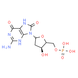 ChemSpider 2D Image | 2-Amino-9-[(4xi)-2-deoxy-5-O-phosphono-alpha-D-glycero-pentofuranosyl]-7,9-dihydro-3H-purine-6,8-dione | C10H14N5O8P
