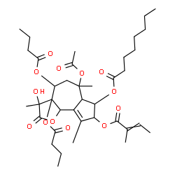 ChemSpider 2D Image | (3S,3aR,4S,6S,6aR,7S,8S,9bS)-6-Acetoxy-3a,4-bis(butyryloxy)-3-hydroxy-3,6,9-trimethyl-8-{[(2E)-2-methyl-2-butenoyl]oxy}-2-oxo-2,3,3a,4,5,6,6a,7,8,9b-decahydroazuleno[4,5-b]furan-7-yl octanoate | C38H56O13