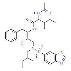 ChemSpider 2D Image | N~2~-Acetyl-N-[(2S,3R)-4-{(1,3-benzothiazol-6-ylsulfonyl)[(2S)-2-methylbutyl]amino}-3-hydroxy-1-phenyl-2-butanyl]-L-isoleucinamide | C30H42N4O5S2